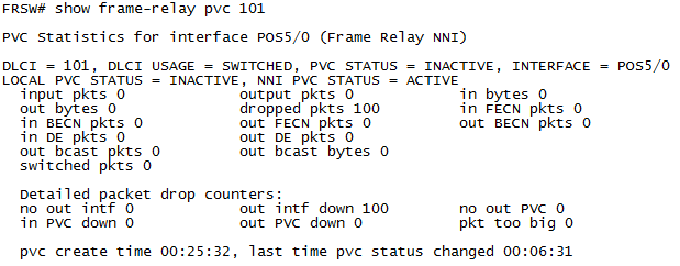 Refer to the exhibit. The command “show frame-relay pvc 101” has been  issued on Frame Relay Switch “FRSW”, what is true about its result?  <div><img  src="https://skillset.s3.amazonaws.com/img/question/43282/54d0037a-7938-43f9-a4ee-4d370a0009b0"  /></div ...